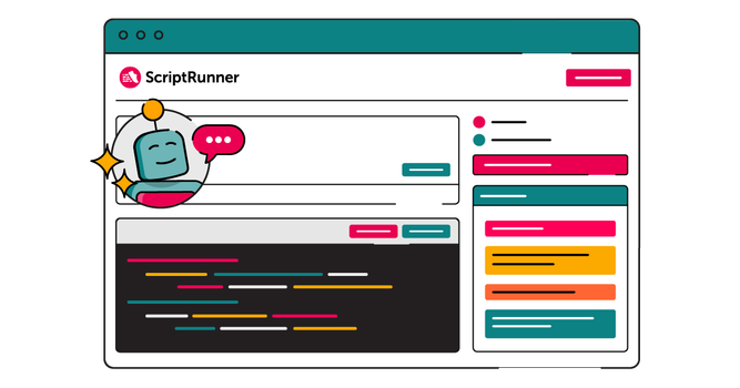 Illustration of a ScriptRunner-branded interface with a magenta header. A friendly robot character appears on the left, smiling and holding a pink speech bubble, suggesting in‑app AI assistance. The screen is filled with coloured panels, code‑like lines, and status widgets in teal, yellow, orange, and magenta, representing automated workflows, scripts, and notifications.