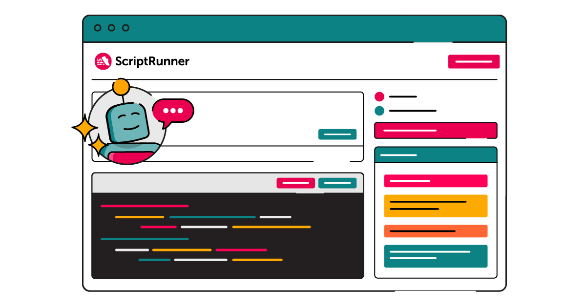 Illustration of a ScriptRunner-branded interface with a magenta header. A friendly robot character appears on the left, smiling and holding a pink speech bubble, suggesting in‑app AI assistance. The screen is filled with coloured panels, code‑like lines, and status widgets in teal, yellow, orange, and magenta, representing automated workflows, scripts, and notifications.