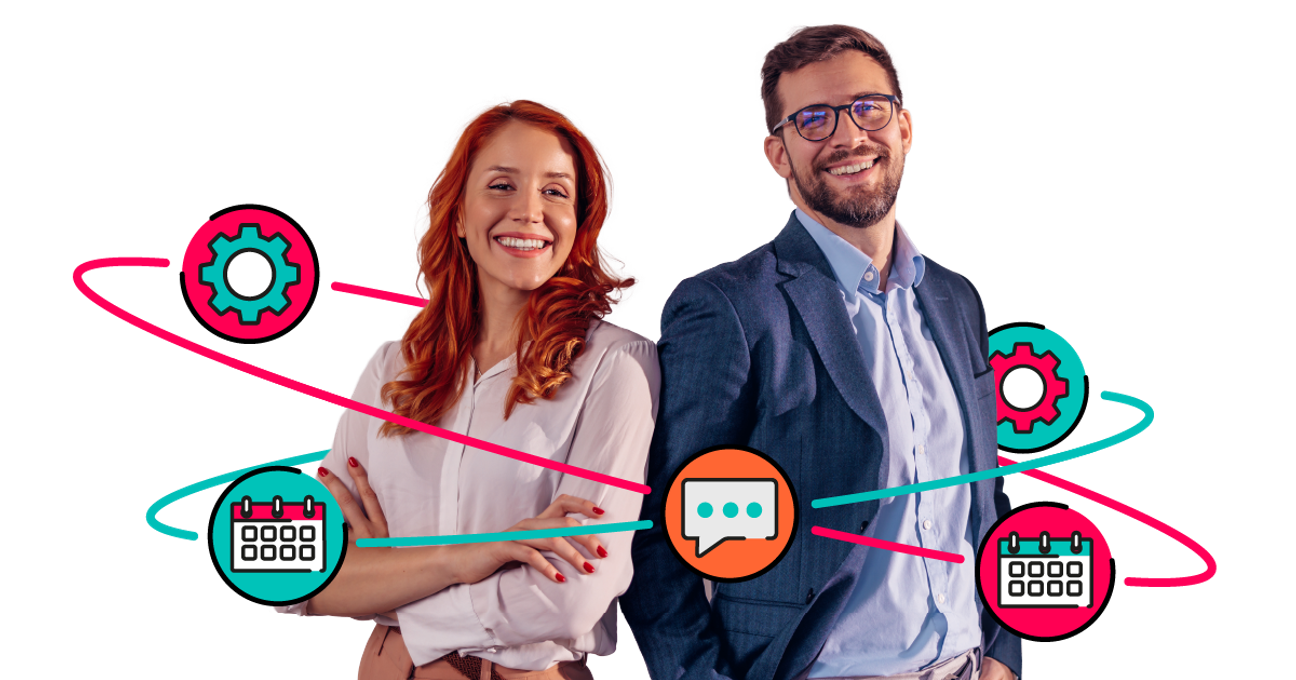 Two people dressed in suits, standing side by side, back to back, surrounded by icons representing workplace tools
