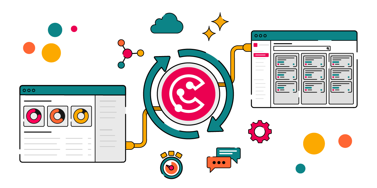 Illustration showing the ScriptRunner Connect logo in the centre of two circular arrows, connected by yellow pipes to two stylised browser windows — one with colourful charts, the other with a grid of cards — surrounded by icons such as a cog, stopwatch, and chat bubbles, suggesting automated, connected workflows across tools.