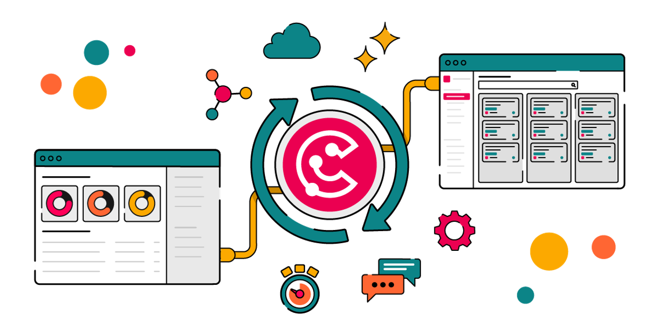 Illustration showing the ScriptRunner Connect logo in the centre of two circular arrows, connected by yellow pipes to two stylised browser windows — one with colourful charts, the other with a grid of cards — surrounded by icons such as a cog, stopwatch, and chat bubbles, suggesting automated, connected workflows across tools.