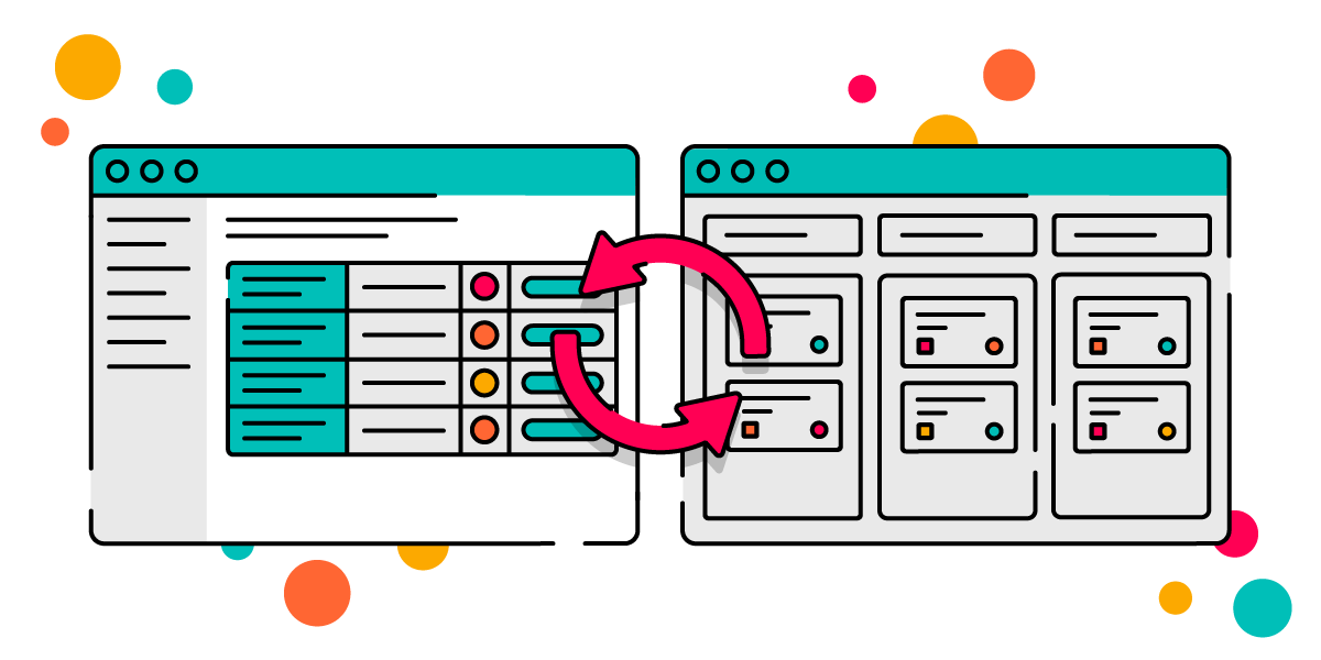 A Confluence table on the left and a Jira window on the right, with pink circular arrows in the middle showing data syncing