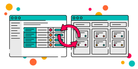 A Confluence table on the left and a Jira window on the right, with pink circular arrows in the middle showing data syncing