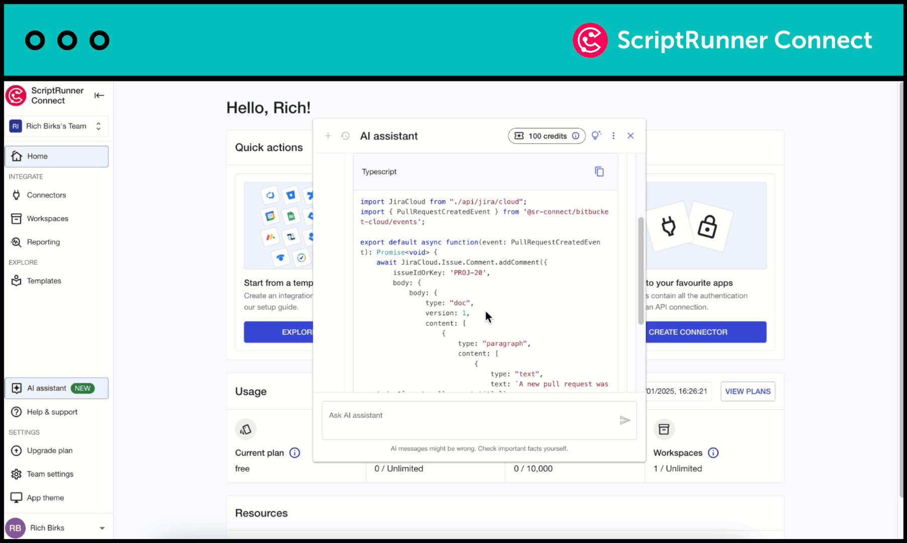 A GIF showing the AI assistant in ScriptRunner Connect converting a query into code