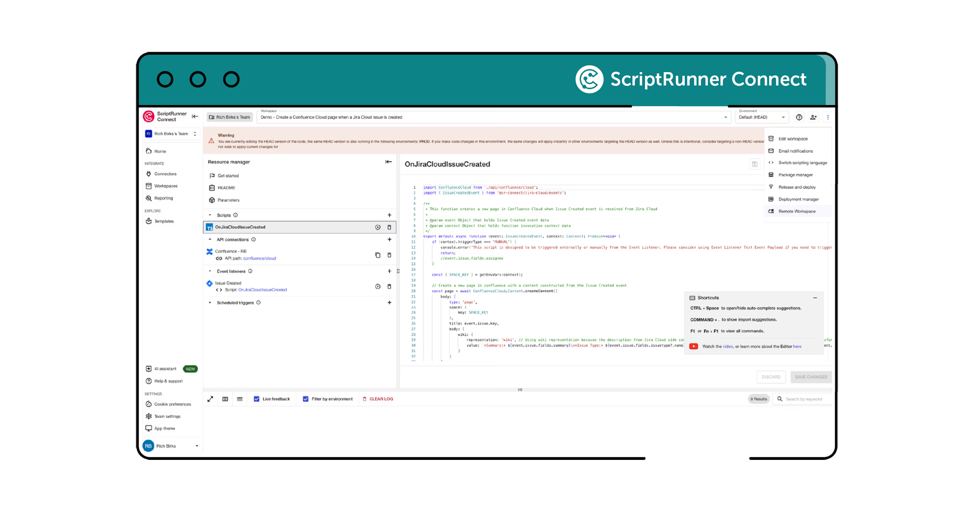 ScriptRunner Connect coding screenshot