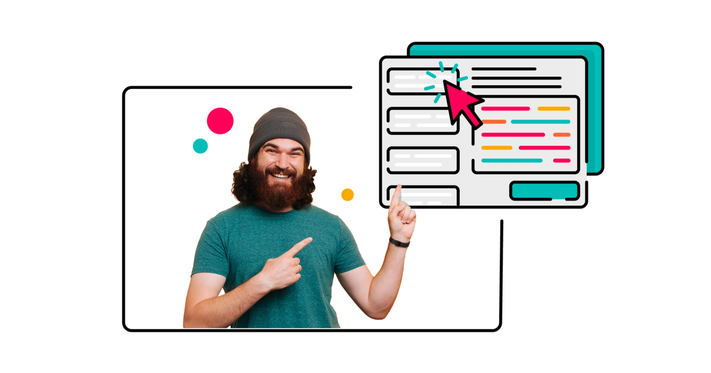 A person smiles and points to a window above them showing a library of options to choose from
