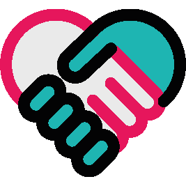 A colourful glyph of a handshake in the shape of a heart