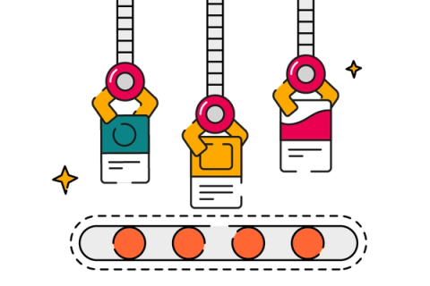 Illustration of three hanging claw-like robotic arms each holding a small boxed product, above a conveyor belt with four orange circles. Small sparkle icons appear around the scene.