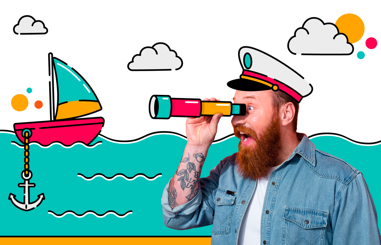 A person wearing a sailor hat looks excitedly through a telescope at an illustrated boat dropping an anchor