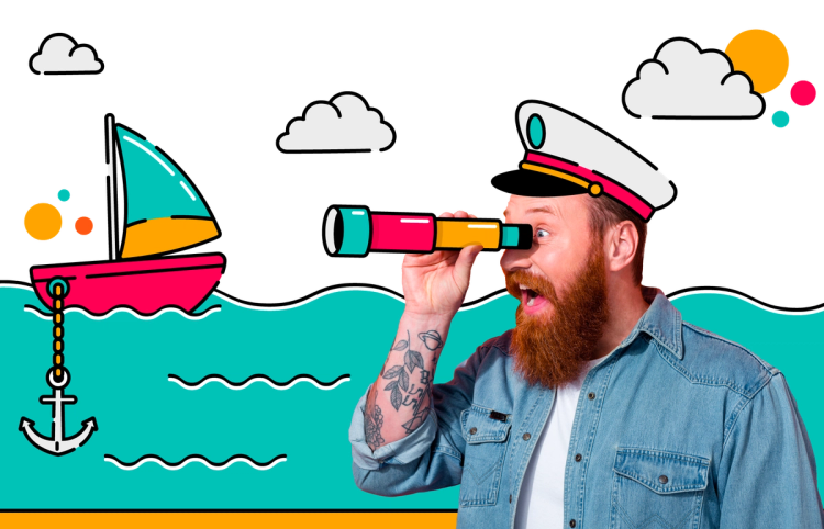A person wearing a sailor hat looks excitedly through a telescope at an illustrated boat dropping an anchor