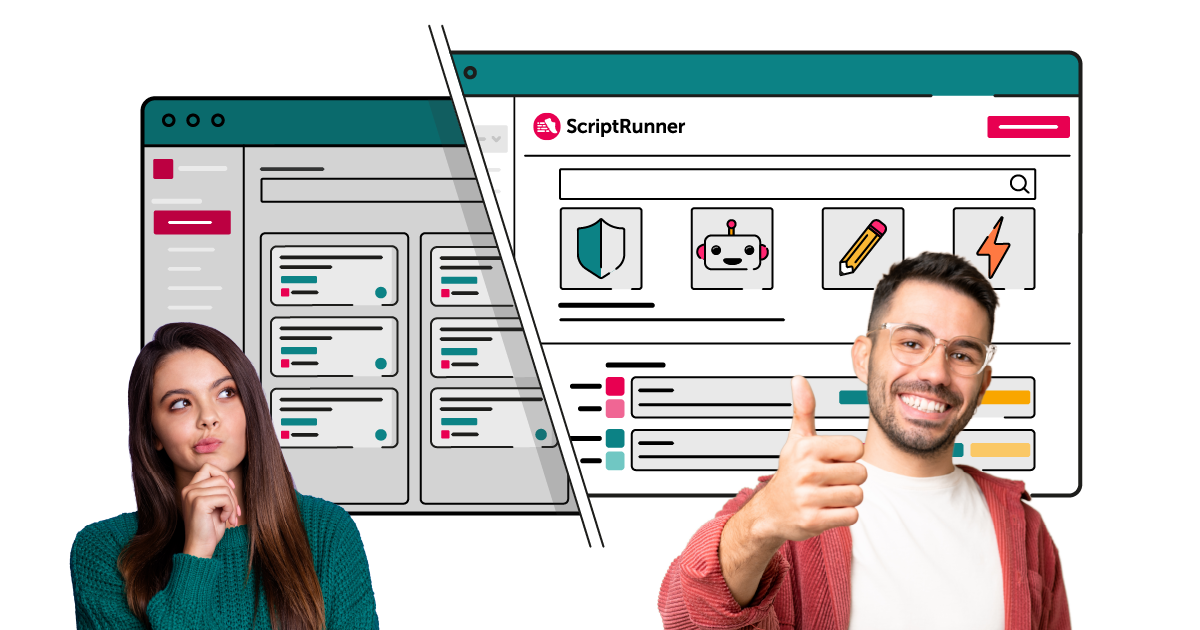 Comparison image showing a cluttered grey software interface on the left with a thoughtful, uncertain person in a green jumper, contrasted with a bright, clear ScriptRunner interface on the right with a smiling person in glasses giving a thumbs‑up, suggesting an improved experience.