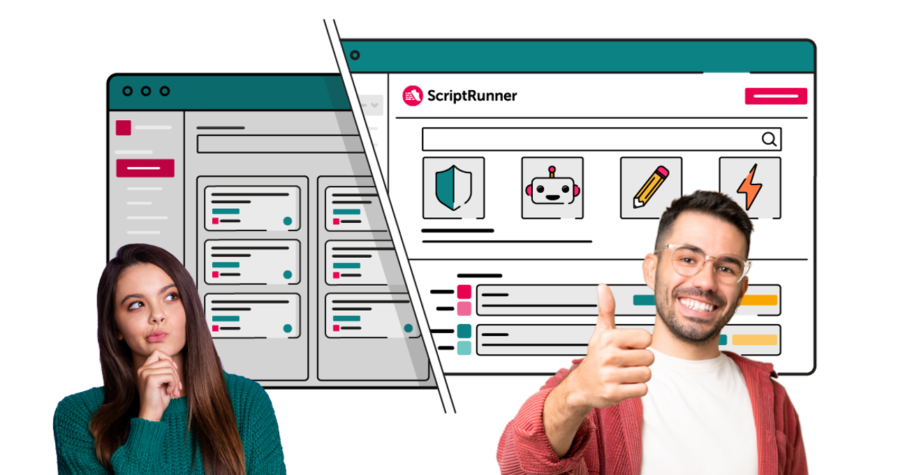 Comparison image showing a cluttered grey software interface on the left with a thoughtful, uncertain person in a green jumper, contrasted with a bright, clear ScriptRunner interface on the right with a smiling person in glasses giving a thumbs‑up, suggesting an improved experience.