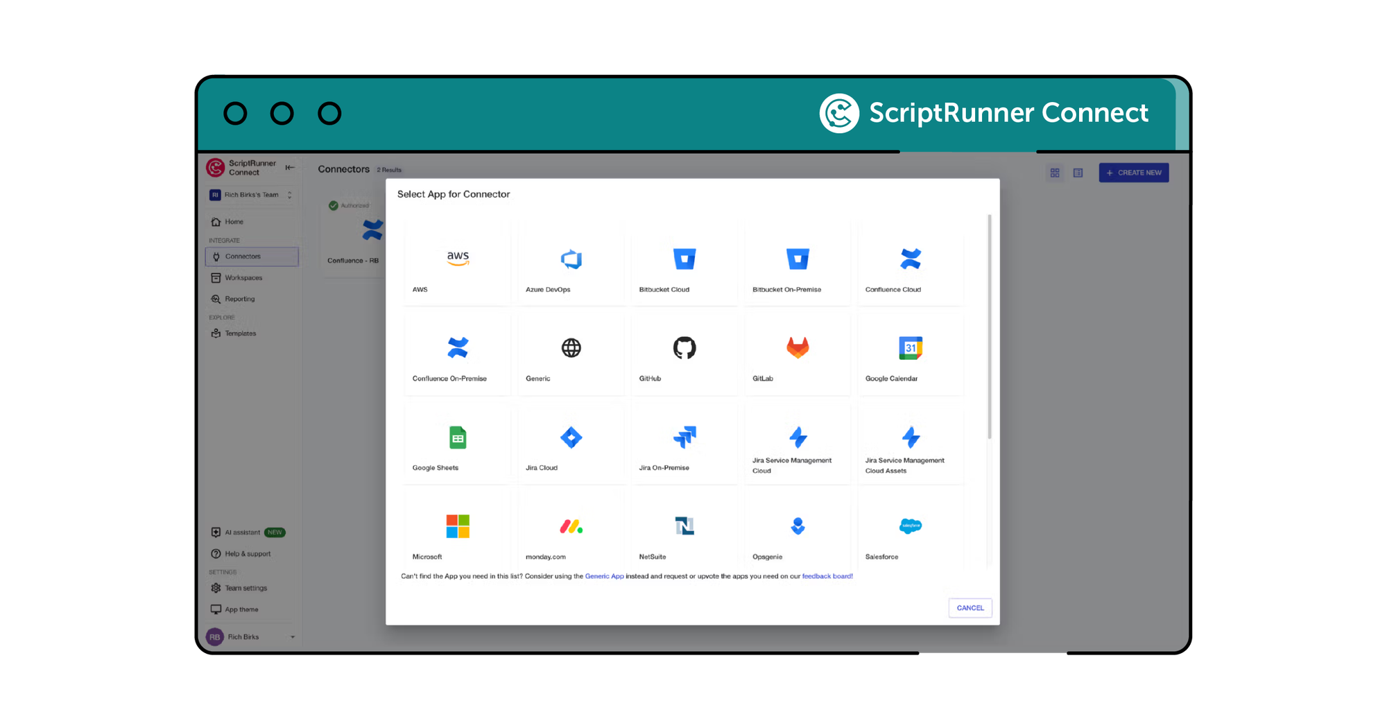 ScriptRunner Connect screenshot showing different integration options