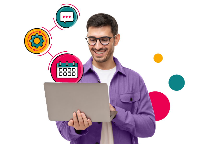 Person smiling while working on a laptop, wearing glasses and a purple shirt, with colourful ScriptRunner‑style icons of a cog, calendar, and chat bubble floating beside them.