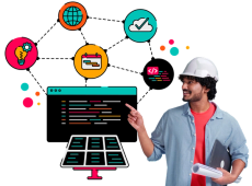 A person wearing a safety helmet and casual work clothes stands on the right, smiling and pointing towards colourful digital icons on the left and above them. The icons include a globe, a lightbulb with a cog, a calendar, a cloud with a tick, and a browser window with multicoloured code lines, floating above a stylised solar panel—representing themes of coding, technology, planning, and sustainable engineering. The person holds a closed laptop and a rolled-up document under one arm.