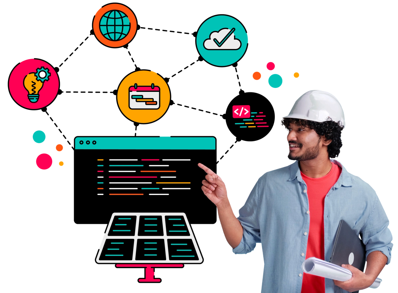 A person wearing a safety helmet and casual work clothes stands on the right, smiling and pointing towards colourful digital icons on the left and above them. The icons include a globe, a lightbulb with a cog, a calendar, a cloud with a tick, and a browser window with multicoloured code lines, floating above a stylised solar panel—representing themes of coding, technology, planning, and sustainable engineering. The person holds a closed laptop and a rolled-up document under one arm.