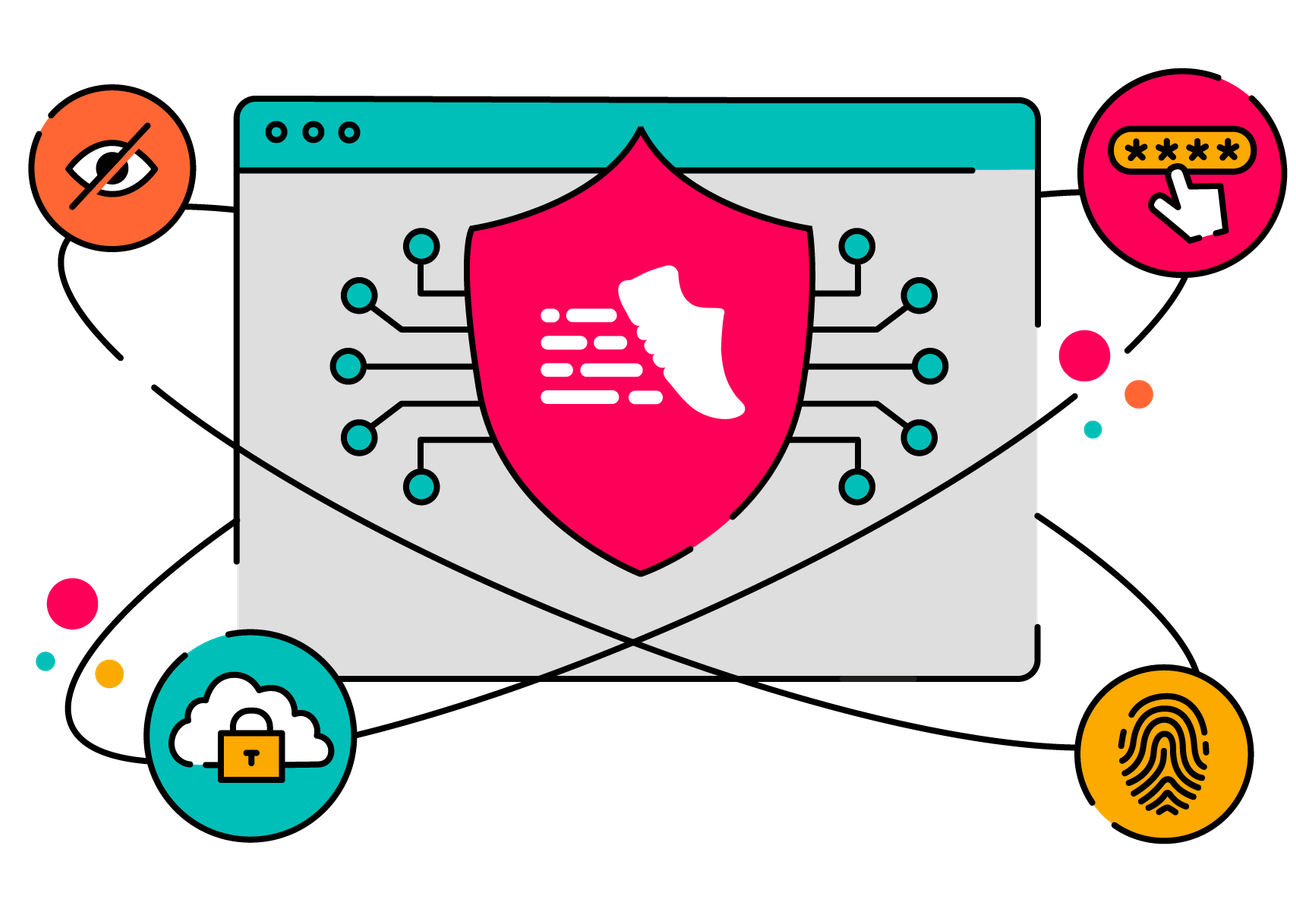 An illustration of a computer window with the ScriptRunner icon in a shield in the centre. Orbiting it are other icons representing security and privacy.