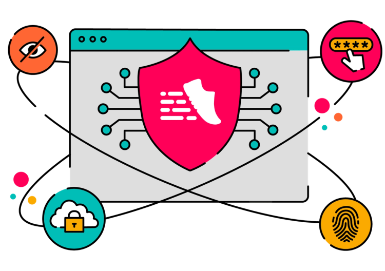 An illustration of a computer window with the ScriptRunner icon in a shield in the centre. Orbiting it are other icons representing security and privacy.