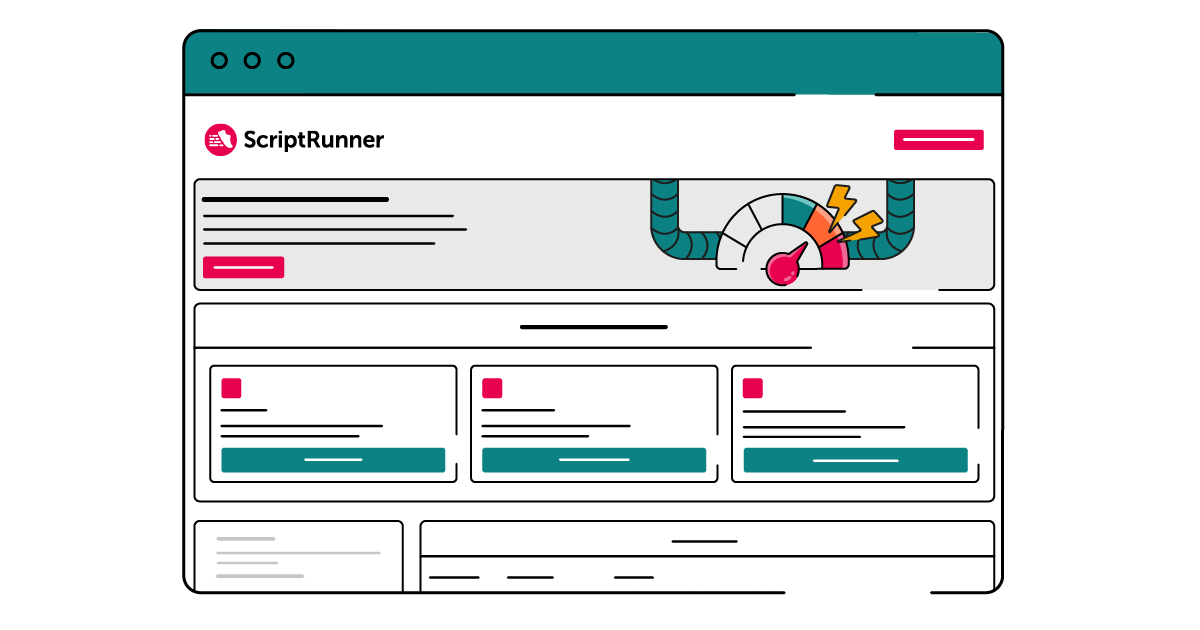 Illustration of a simplified Confluence interface with a ScriptRunner logo, a teal header, and multiple content panels, featuring a graphic at the top of pipes feeding into a speedometer gauge with a red needle and yellow sparks, suggesting automation, speed, and performance.