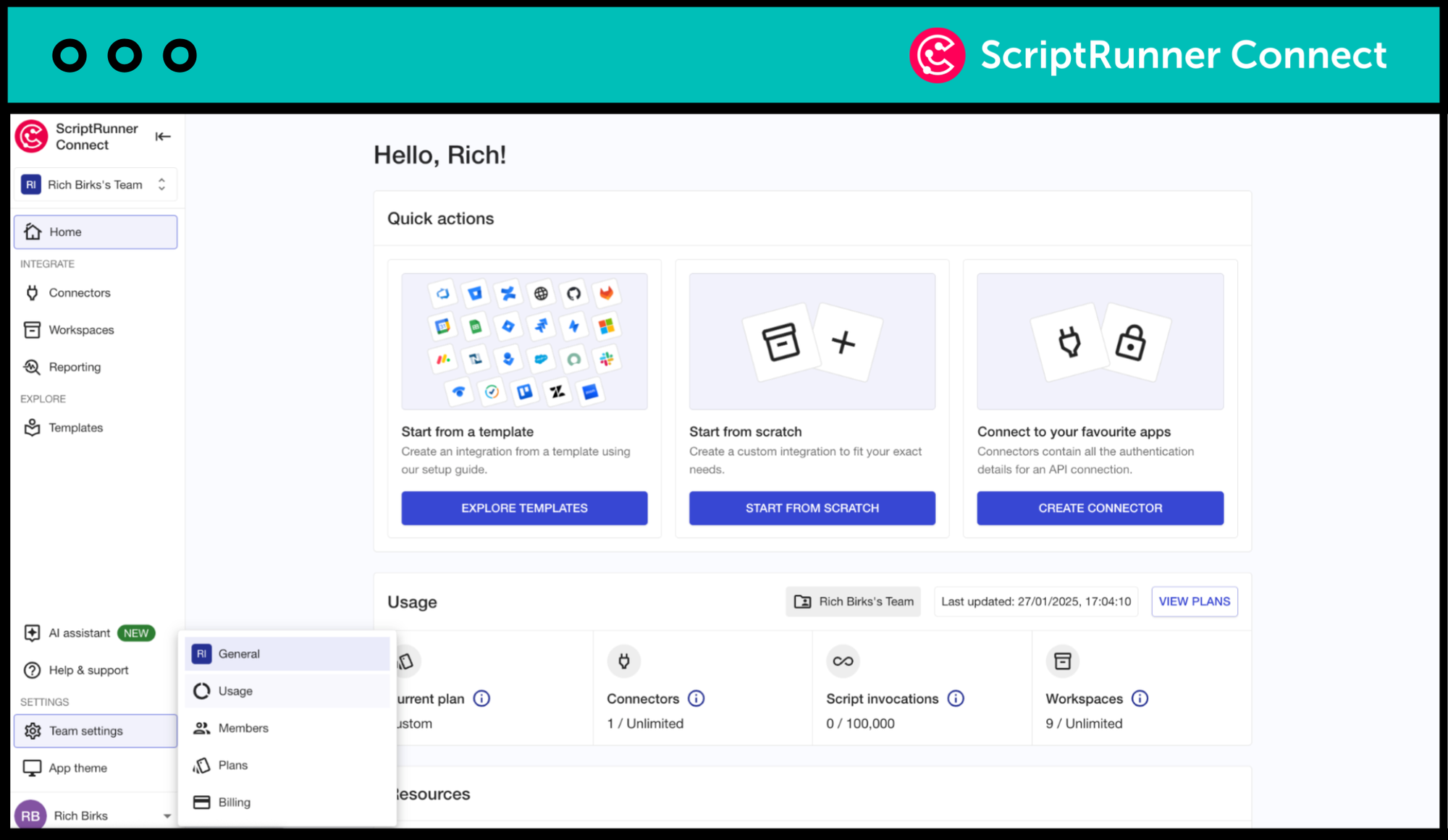 A view of how a user can access team settings within ScriptRunner Connect