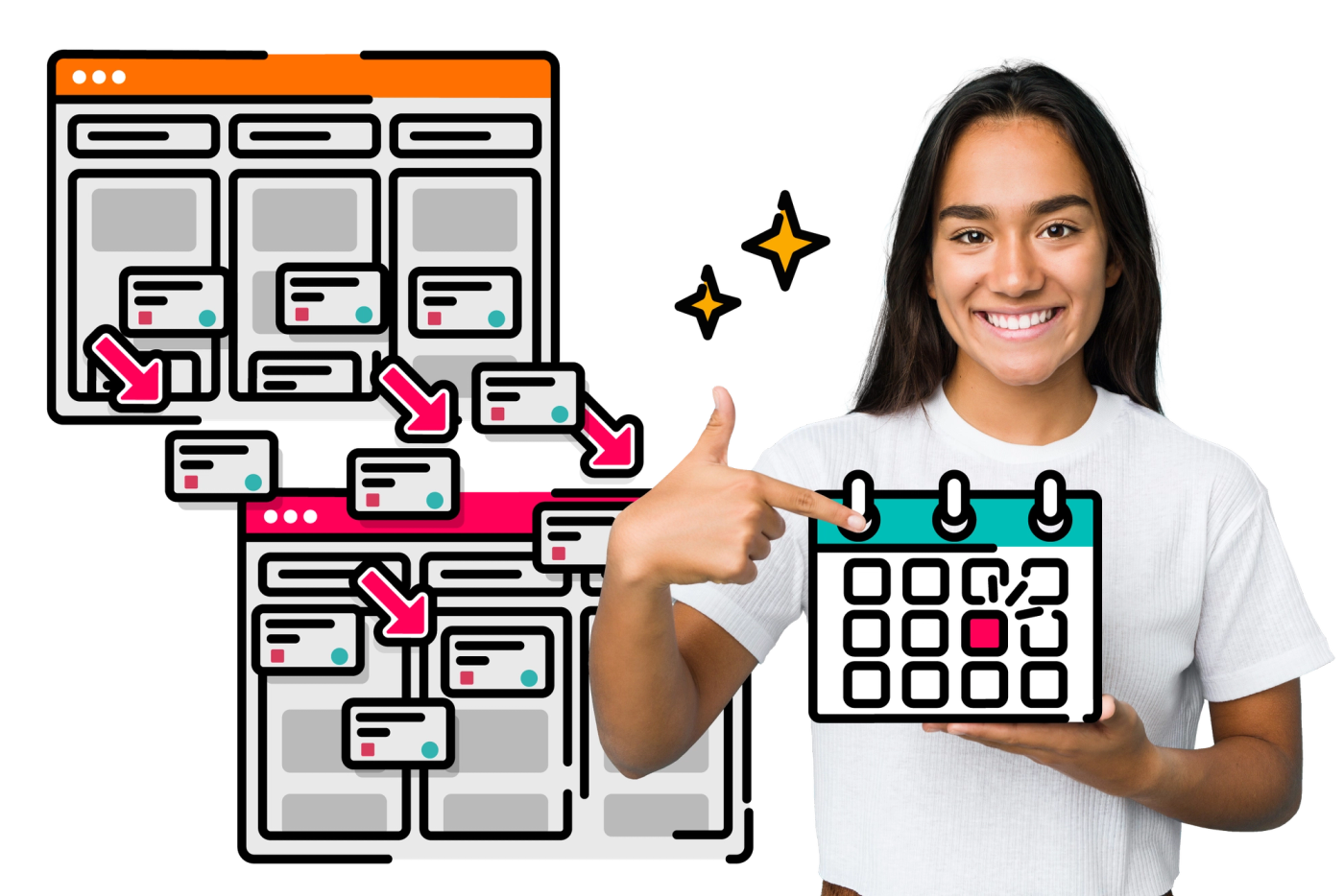 A person points to a calendar with a date highlighted in pink behind them jira tickets are migrated from one kanban board to another