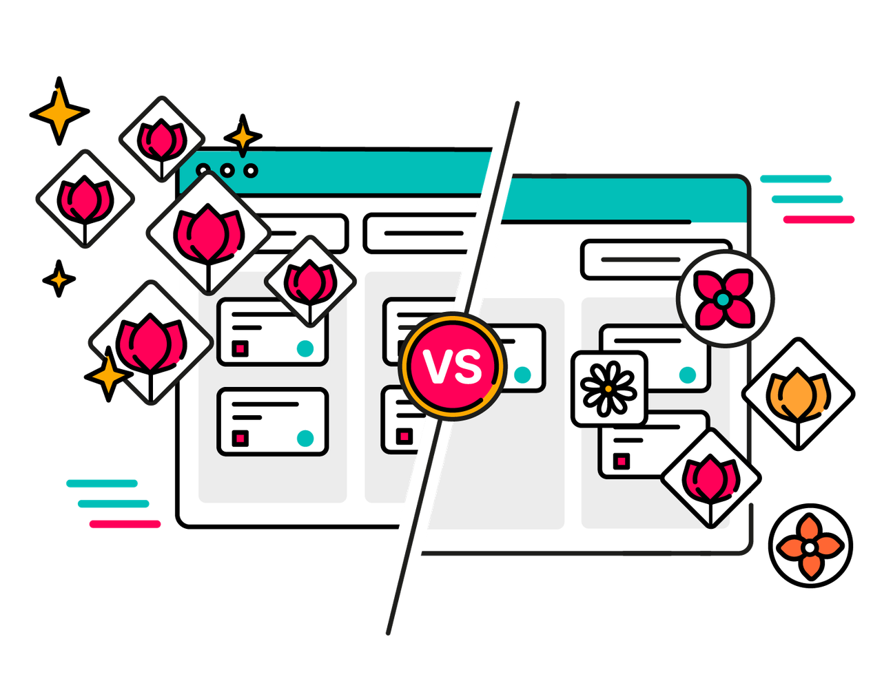 A comparison image of two Jira boards, one cluttered with weeds and one with a few flower icons