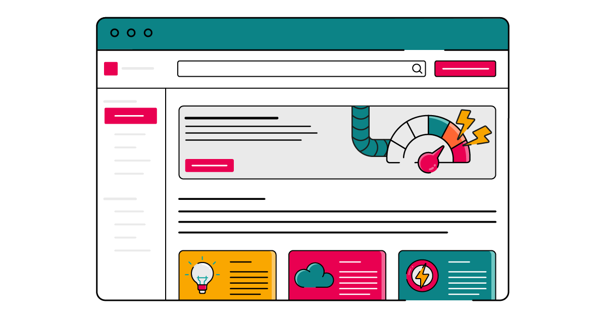 Illustration of a light‑mode ScriptRunner for Confluence dashboard in a browser window with a teal header—showing a central panel featuring a speed‑gauge graphic with lightning bolts, side navigation on the left, and colourful tiles along the bottom representing ideas, cloud, and power features.