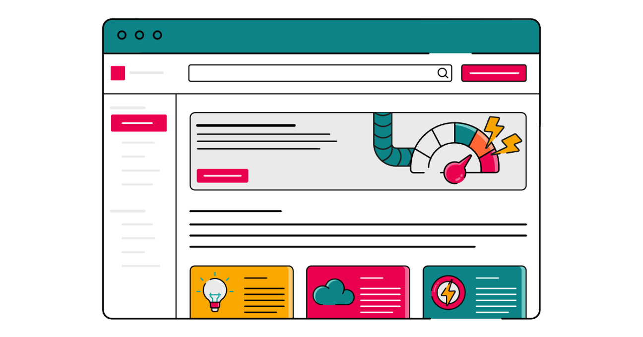 Illustration of a light‑mode ScriptRunner for Confluence dashboard in a browser window with a teal header—showing a central panel featuring a speed‑gauge graphic with lightning bolts, side navigation on the left, and colourful tiles along the bottom representing ideas, cloud, and power features.