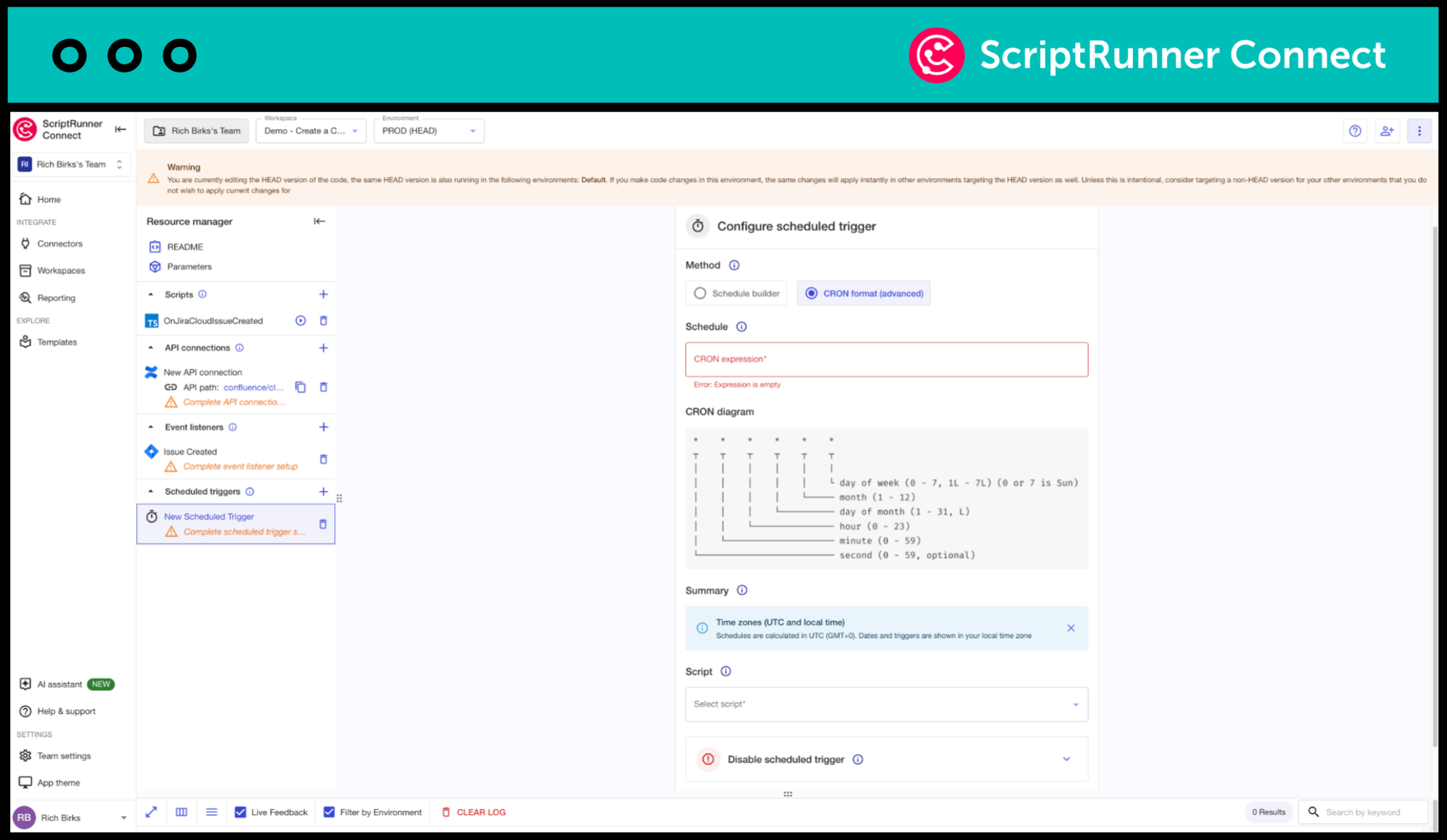 A view of how a user can configure scheduled triggers using the CRON format in ScriptRunner Connect