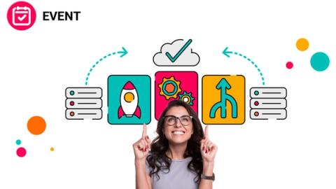 A smiling person wearing glasses points upwards with both index fingers towards a colourful illustration above their head. The illustration shows a cloud with a tick icon in the centre, connected by dotted arrows to stacks of server icons on either side. Below the cloud are three icons—a rocket, a set of cogs, and a merging arrow. In the top-left corner, a pink circular icon with a calendar and tick sits next to the word 'EVENT'.