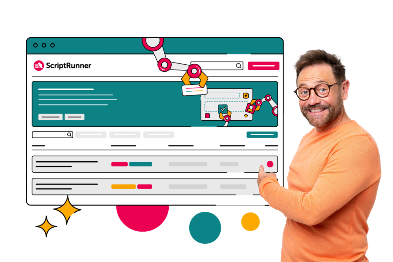 Person in an orange jumper smiling and gesturing towards a large illustrated ScriptRunner Jira interface, which shows an automation-themed dashboard with robotic arms moving icons and workflow elements—surrounded by colourful circles and sparkles to convey powerful, streamlined automation.