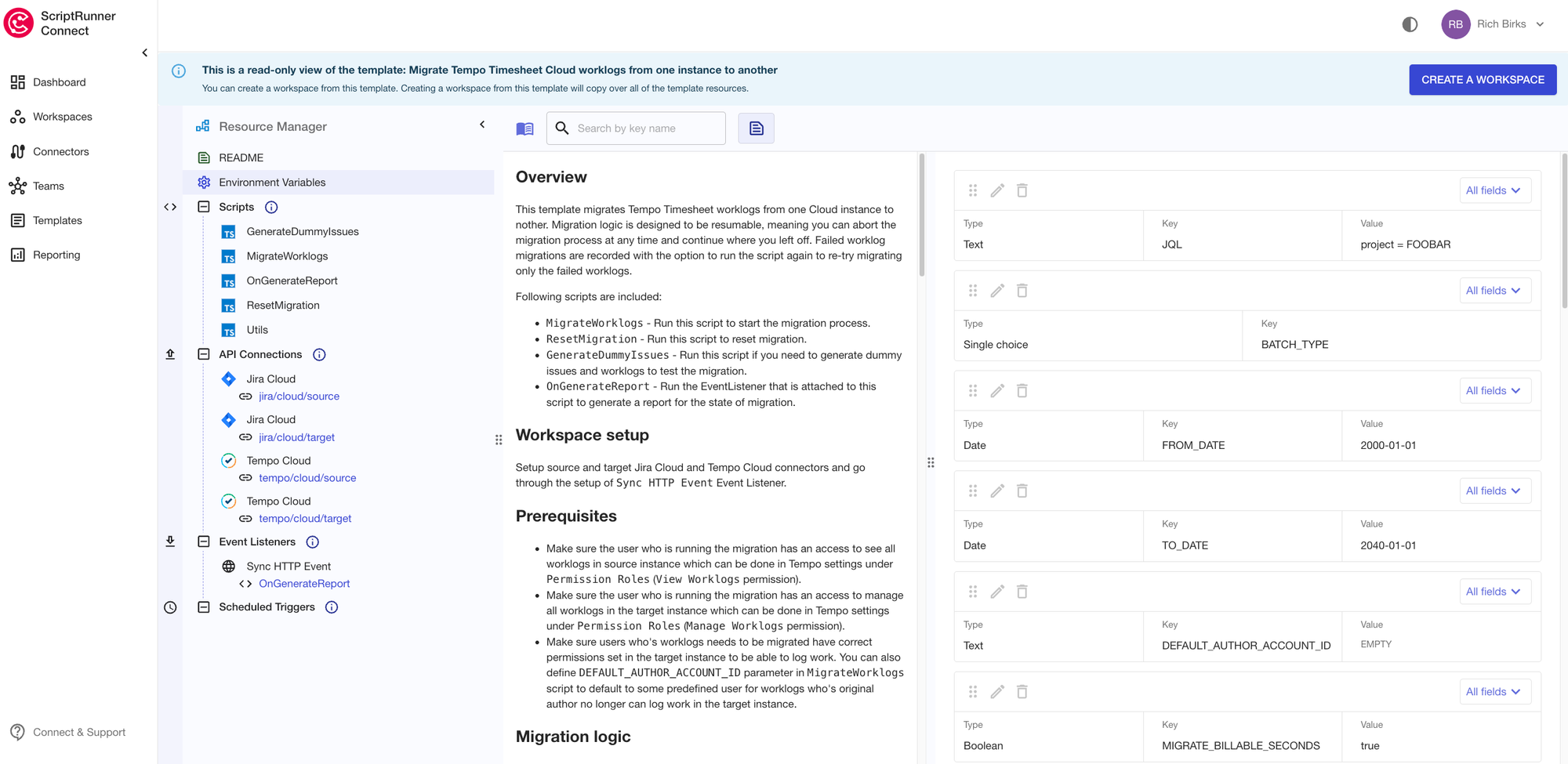 A PNG screenshot of the ScriptRunner Connect integration platform showing the Environment Variables feature.