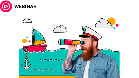 Webinar icon and text: 29 Oct 2025. Illustration below of a person wearing a sailor hat looks excitedly through a telescope at an illustrated boat dropping an anchor