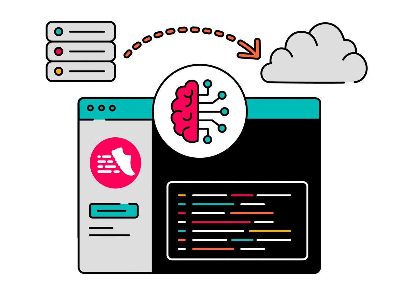Illustration showing a brain working in tandem with a Jira scripting page to migrate data from a Data Center to a Cloud.