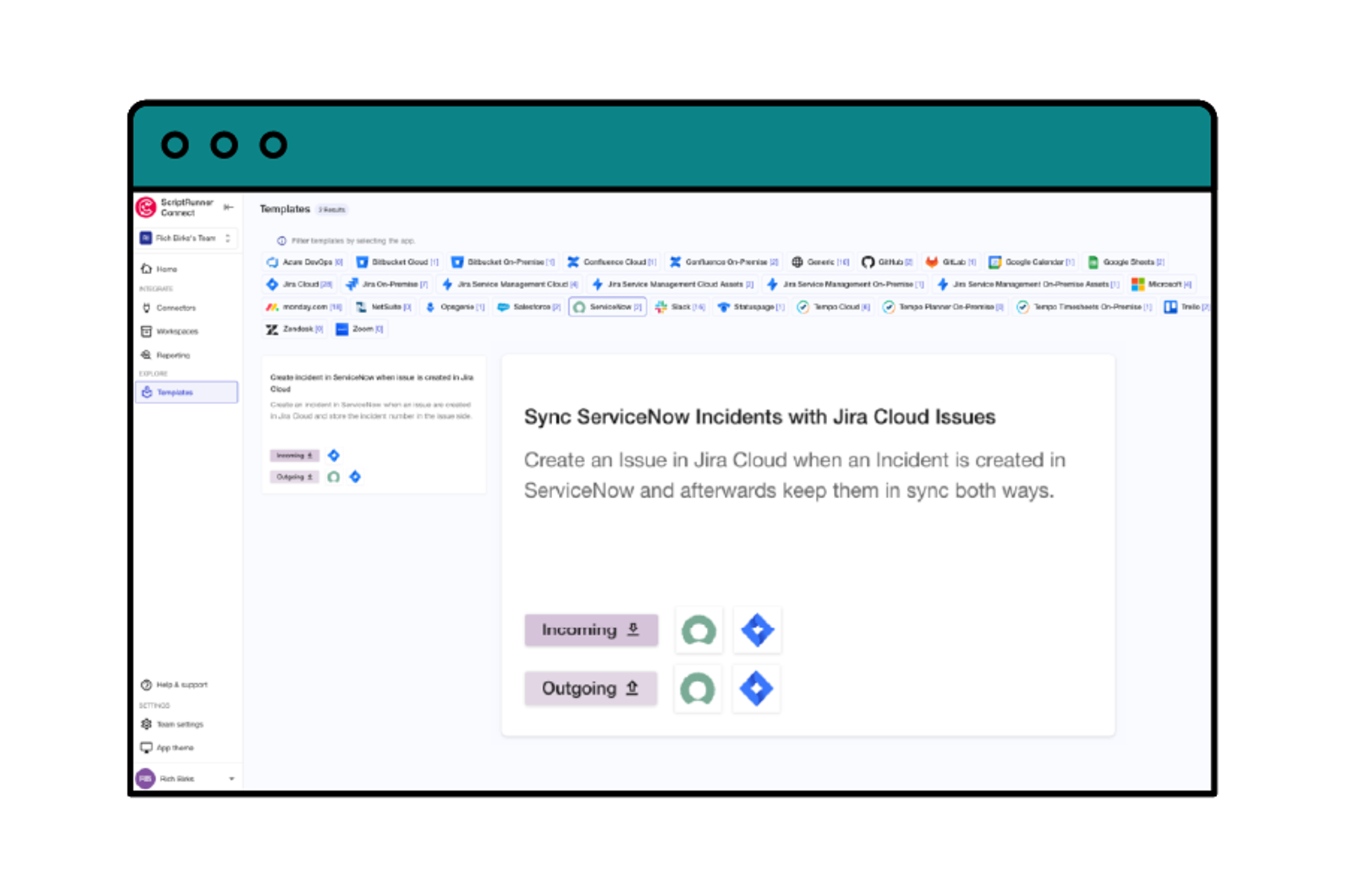 A screenshot of the templates feature in ScriptRunner Connect showing a Sync ServiceNow Incidents with Jira Cloud Issues template