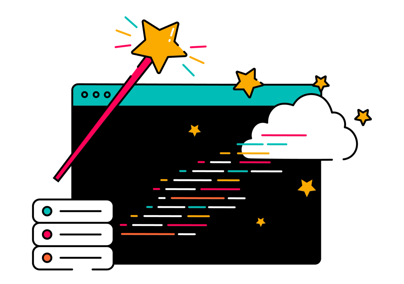 Illustration of a magic wand in front of a script window, with scripts ascending from Data Center to Cloud