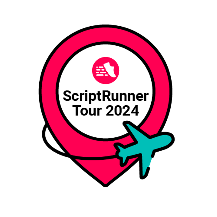 Pink location pin, with the ScriptRunner logo in the middle with an aeroplane flying around the pin