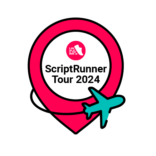 Pink location pin, with the ScriptRunner logo in the middle with an aeroplane flying around the pin