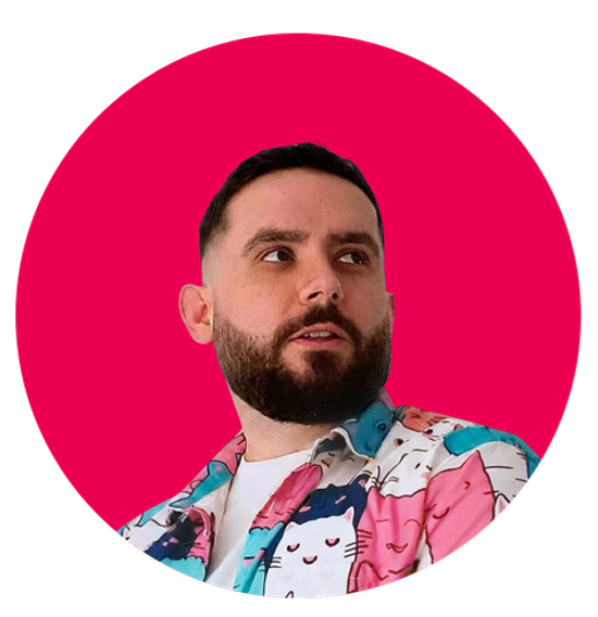 Photo of Dan against a pink circular background
