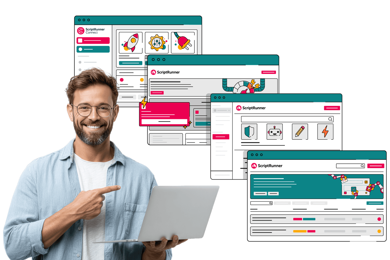 A smiling person with short hair, glasses, and a beard holds an open laptop and points at the screen, standing in front of several overlapping illustrated browser windows displaying colourful ScriptRunner interfaces, icons, and dashboards—suggesting productive, user-friendly software tools.