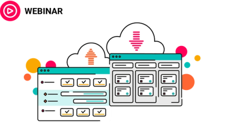 Illustration of two digital dashboards showing cards and checklists, with cloud icons above. Text reads "Webinar" in a pink banner.