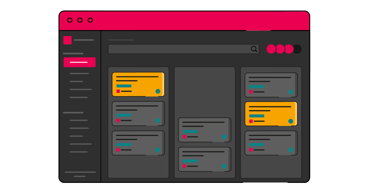 Illustrated dark-themed Jira kanban board interface showing a multi-column board layout with cards, some highlighted in yellow, a left-hand navigation menu, and a top bar with a search box and circular status indicators.