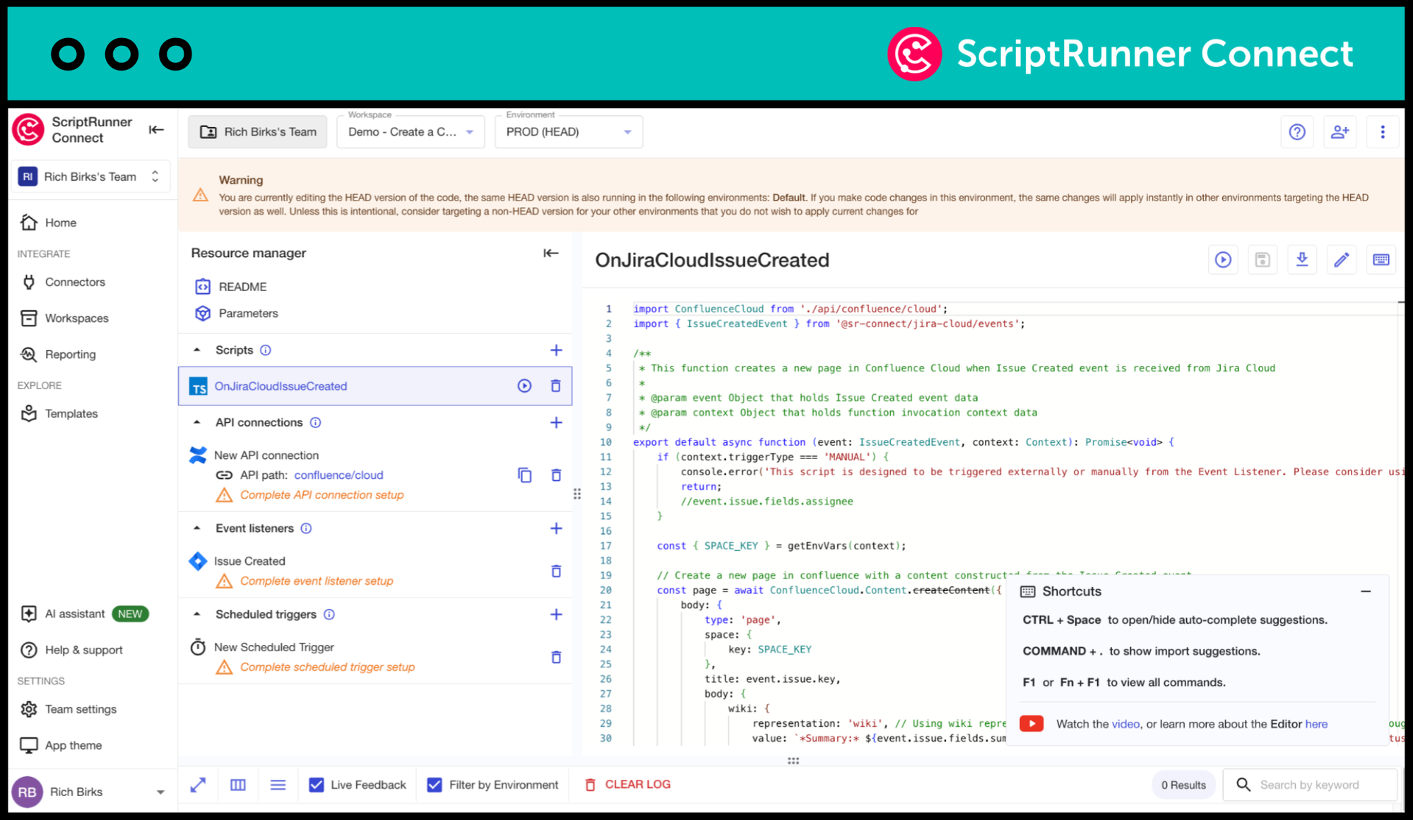 A view of a workspace in ScriptRunner Connect, which brings together scripts, API connections and event listeners