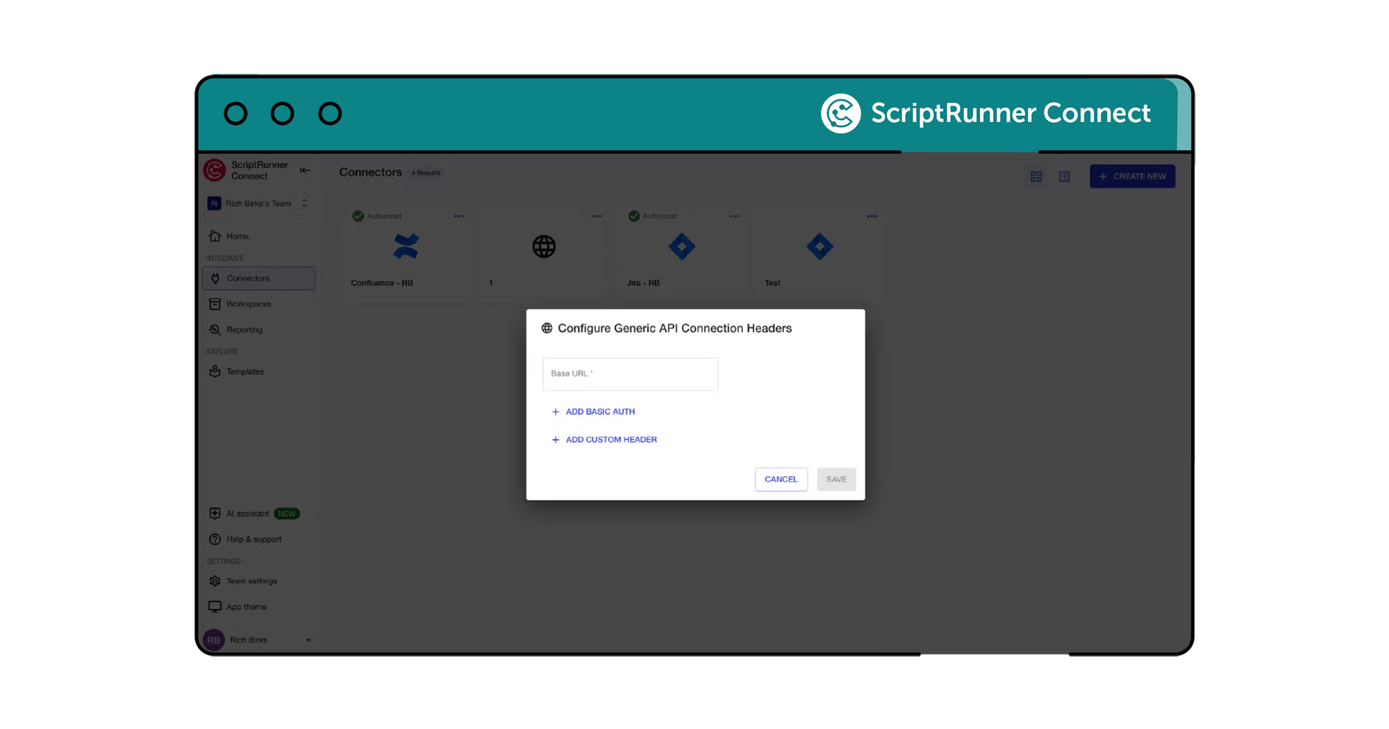 A screenshot of the ScriptRunner Connect interface, showing configuration options for the generic connector