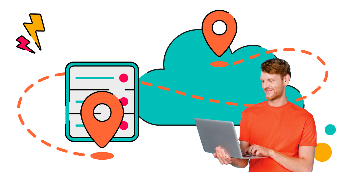 An illustration showing a location pin traveling from a Data Center to the Cloud while a person types on their laptop