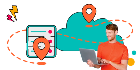 An illustration showing a location pin traveling from a Data Center to the Cloud while a person types on their laptop