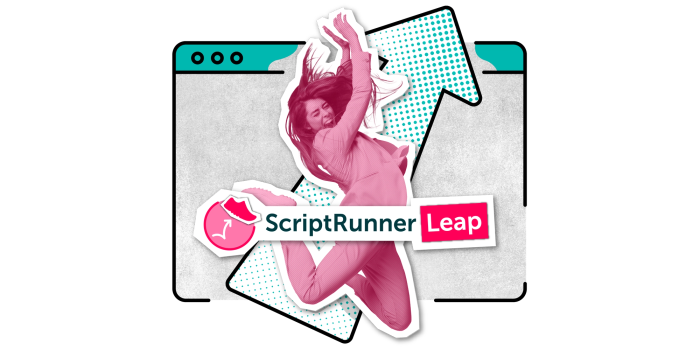 A person jumps in front of a large upwards arrow with the ScriptRunner Leap logo in front of them