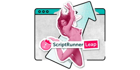 A person jumps in front of a large upwards arrow with the ScriptRunner Leap logo in front of them