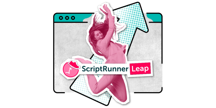A person leaps for joy in front of a giant arrow on a software screen. The ScriptRunner Leap logo appears before them.