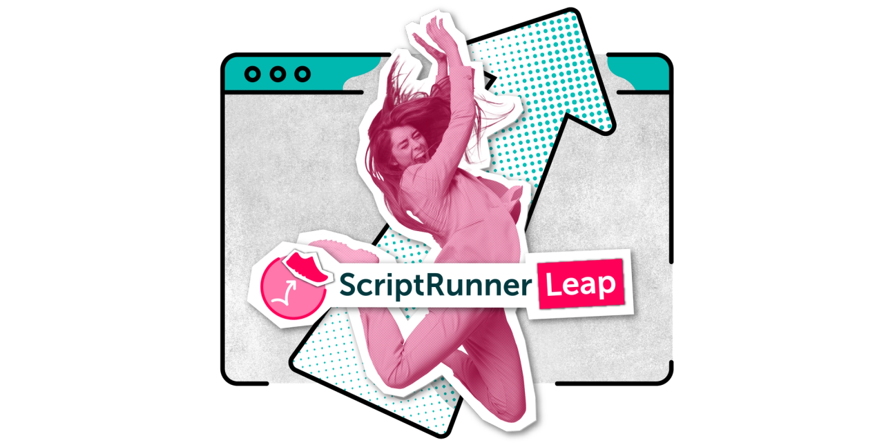 A person leaps for joy in front of a giant arrow on a software screen. The ScriptRunner Leap logo appears before them.
